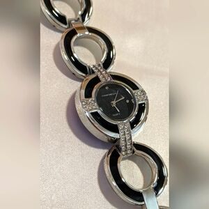 Charter Club Women's Dress Watch Silver w/ Black Enamel & Crystals New Battery